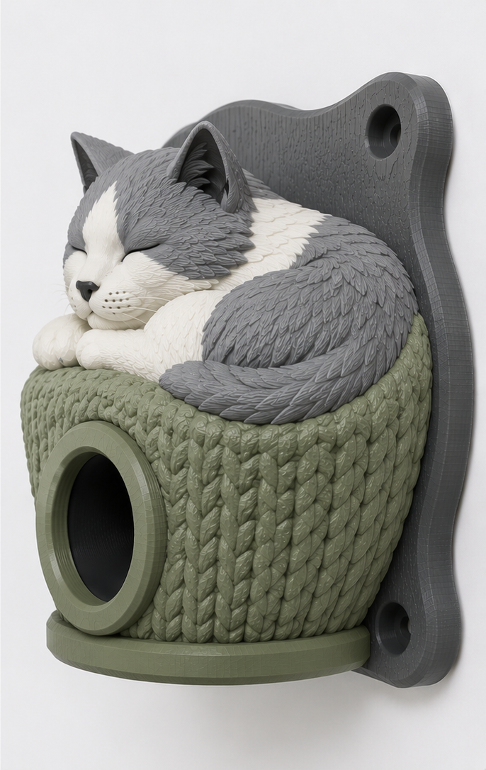 White-and-grey cat EV Cable Holder – Sleeping in a Cat Bed - Image 2