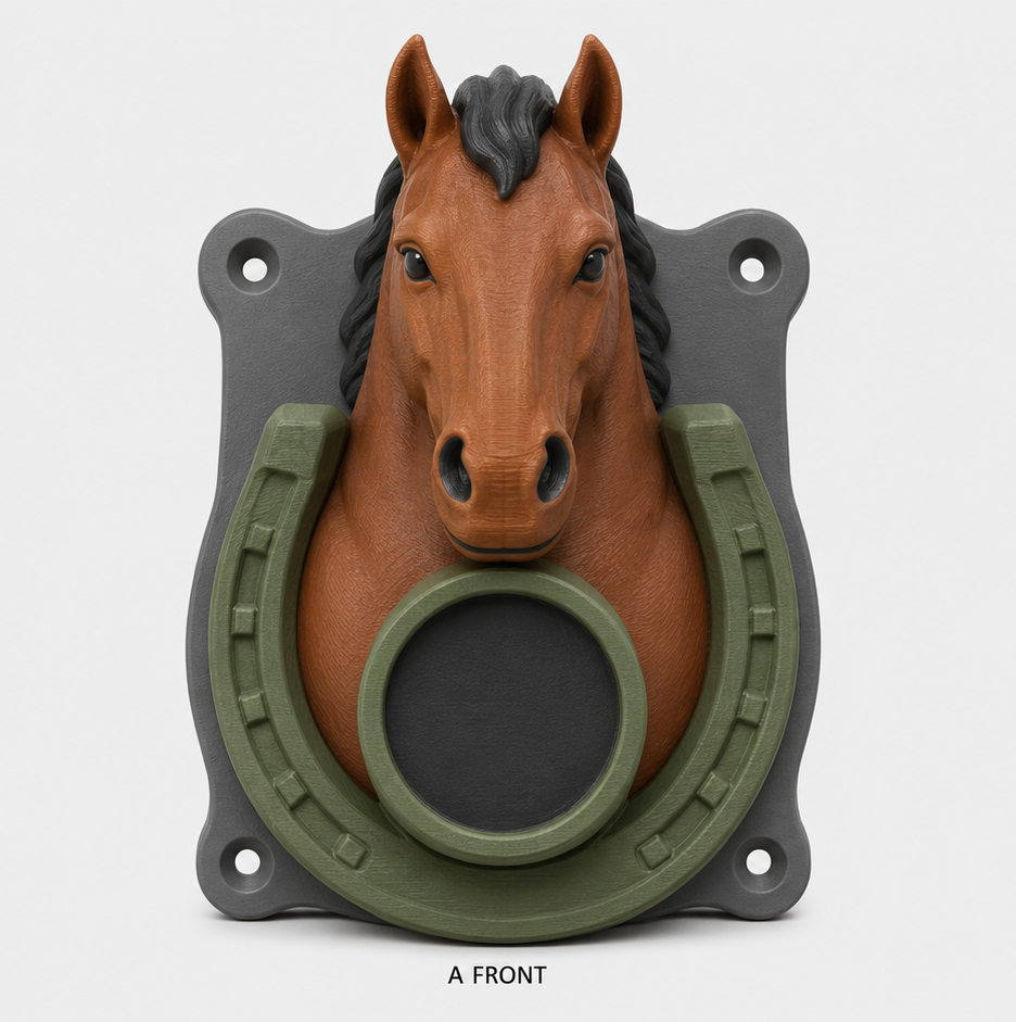 Horse head inside a double horseshoe EV Cable Holder