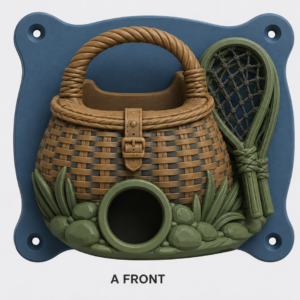 Traditional fishing creel and folded net EV Cable Holder